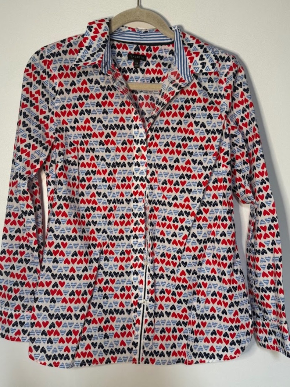 Talbots Red White Blue Heart Print Button Up Shirt 100% Cotton